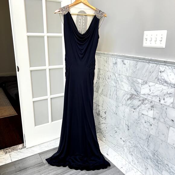 Reem Acra Beaded Embellished Mesh Back Gown Navy Blue Size 4 - Picture 11 of 13